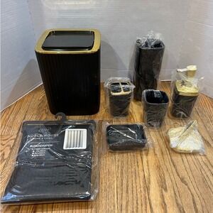 Black Gold‎ Bath Accessory Set Waste Basket Soap Dispenser Toothbrush Holder